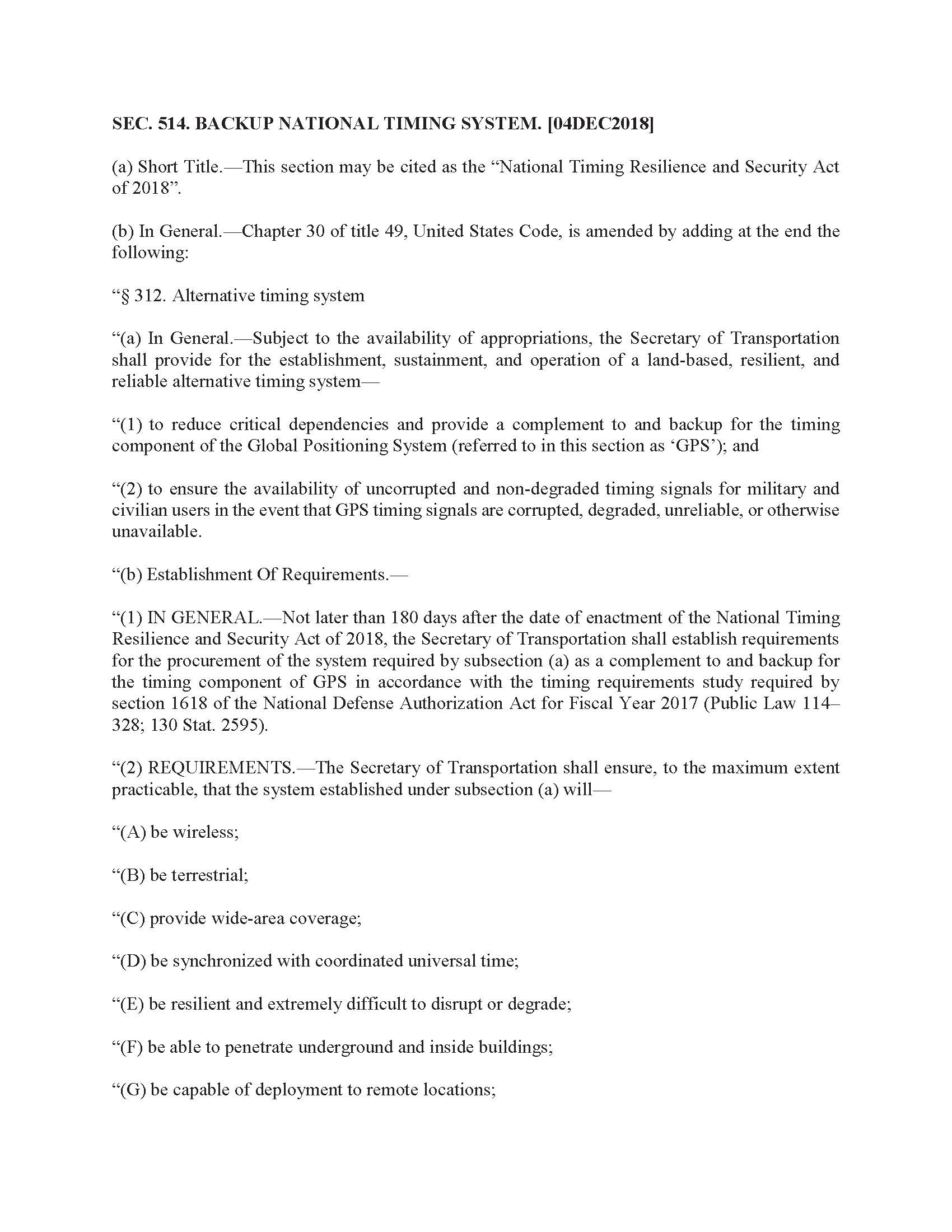 National Timing Resilience and Security Act - 2018
